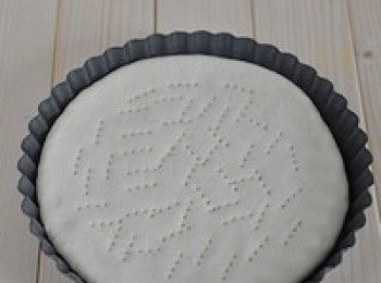 step8: 把發酵好的麵團擀成披薩盤大小的圓形，放入披薩盤中，用手指把當中的麵餅往四壁按一按，讓麵餅四周厚，當中稍薄。用叉子在麵餅上戳一些小孔