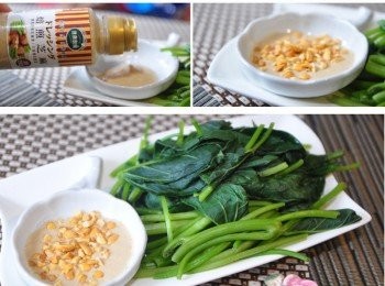 step5: 取出適量焙煎芝麻醬，再加上微辣的椒麻碎花生就完成了好吃又有口感的沾醬囉！