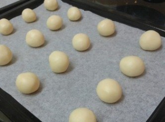 step3: 拿出麵糰，待回室溫後，將麵糰分成小份，搓成球狀，放在烘焙紙上