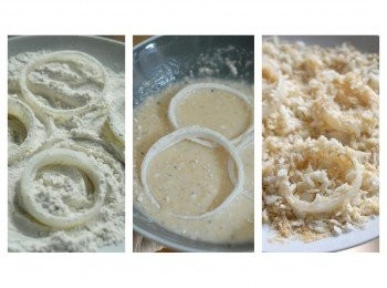 step4: 將洋蔥圈依次序沾上麵粉-＞蛋液 -＞麵包糠