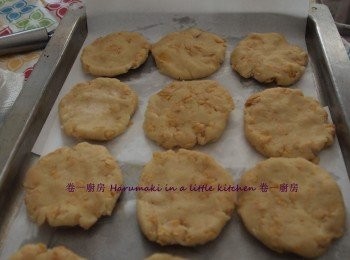 step8: 把少許麵糰搓出圓球, 輕壓扁約0.5cm厚(大小隨意)