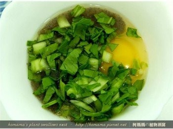 step4: 將青江菜放入碗中，並添加酌量鹽巴來打散成蛋液。