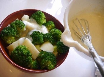 step6: *烤盅內放入花椰菜，馬鈴薯，倒入<span class="group_2">白醬</span>。