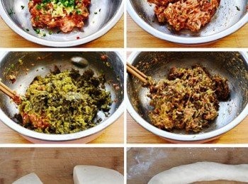 step2: 肉餡裡加入蔥薑，辣椒末。再加入雞精少許，十三香1茶匙，白胡椒1茶匙，鹽少許，香油少許順著一個方向攪拌上勁。再加入雪菜。攪拌均勻後備用。醒好的麵團分割成2半。用手搓長。