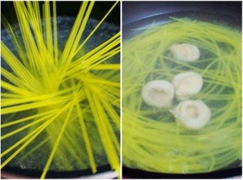 step2: 2.鍋內加入水1公升和鹽10g煮沸ˊ然後擺入義大利麵ˊ
依產品標示煮7~8分鐘(約8分熟)...完成前3分鐘順便加入魚餃煮熟