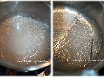 step5: 材料B的細砂糖及水放入水煮鍋中，用小火持續煮到120度熄火後