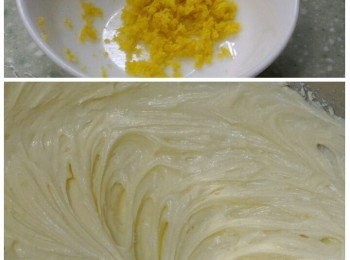 step2: 忌廉芝士與一半份量的砂糖打至軟滑後，加入檸檬汁和檸檬皮蓉再打勻。