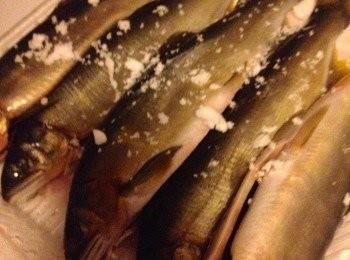 step1: 清理內臟，洗淨抹乾後，海鹽隨量抹魚身，魚尾。
每尾香魚，放些Thyme百里香，一薄片蒜頭在魚肚內。