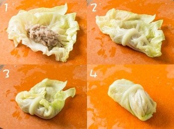 step3: 取一片椰菜，把1/8鯪魚肉以香腸形狀放於椰菜底部離開邊沿約1吋處，把椰菜底部向鯪魚肉摺起，然後把左右兩邊向中心摺起，最後捲起。