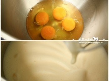 step4: 雞蛋以電動攪拌器高速打發至蓬鬆（膨脹至3倍大），提起攪拌器，蛋糊落下會有清楚的摺疊痕跡即可。