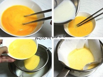 step7: 把已經稍微冷卻的牛奶液慢慢倒進打散的雞蛋中
邊倒要一邊攪拌均勻
然後再將混勻後的牛奶蛋液過篩
最後在蛋液上輕輕覆蓋一張廚房紙巾

※牛奶蛋液過篩後才能做出細緻口感的蛋塔餡。