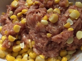 step2: 豬肉先洗淨，印乾水份後，剁碎或攪碎，後加入醃料先醃20分鐘再加生粉、水及油醃半小時，再加入粟米粒攪均