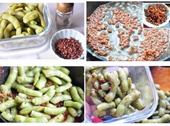 step4: 接著準備花椒粒與粗粒黑糊椒，備約3大匙熱油將花椒粒以小火煸香，接著將毛豆下鍋拌炒，灑上大量的粗粒黑胡椒及適量鹽巴調味再均勻拌炒，起鍋將毛豆放置樂扣樂扣方形保鮮盒即可