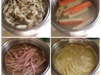 step2: 將小菇、蟹柳和火腿絲用熱水灼熟，撈起備用。麵條也用熱水煮熟。