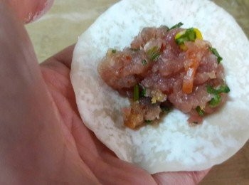 step6: 取一匙的肉餡放到餃子皮中央再包好