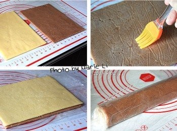 step7: 製作《雙色耳朵餅》：

從冰箱取出雙色麵糰來
小心的剪開塑膠袋，把麵糰完整地拿出來
於《可可麵糰》上刷一層蛋白
然後疊上《起司麵糰》稍加按壓
小心地把麵糰捲起來，盡可能捲得密合點
收口朝下，捲成圓筒狀的麵糰用塑膠袋包起來
再次送進冰箱冷凍庫約半個小時，把麵糰冰硬。