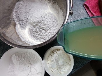 step8: 預備好<span class="group_2">粉漿料:</span>
粘米粉200g
澄麵25g
粟粉25g
清雞湯280g(如果有浸瑤柱水,可加埋雞湯合共280g)
鹽1/4茶匙