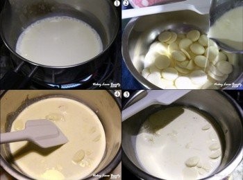 step8: <span class="group_2">白巧克力慕斯糊</span>的作法：準備直徑8cm的矽膠六連模
1.先將法國鐵塔牌動物性鮮奶油倒入鍋中加熱至微沸騰後，沖入白巧克力當中，待靜置1-2分鐘之後，再仔細的拌匀至巧克力溶化，之後將巧克力奶油靜置至少30分鐘之後冷卻後備用