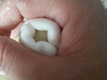step6: 將粉團壓扁,包入一粒餡用手虎口位轉體搓圓