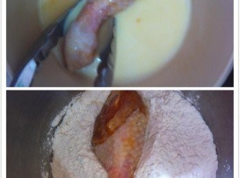 step2: 取出醃製好的雞塊，沾上混合好的牛奶，然後再沾上混合好的麵粉。
重複動作1次。