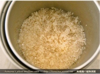 step2: 將白米用清水洗淨，泡水浸漬30分鐘後，再瀝乾水分，直接放至於電鍋中。