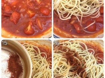 step6: 放入意粉、紅椒粉和鹽；