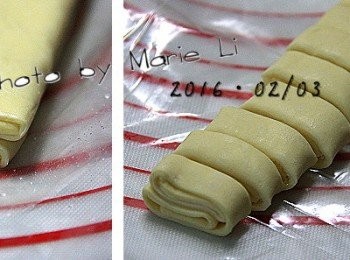 step3: 折合完成的餅皮就如左邊圖示
然後把餅皮切成數段等寬的餅乾塊

到此，是不是真得很簡單啊！？
接下來要開始《需要特別留意》的步驟了~

※ 我大約切成 12 塊左右