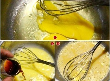 step4: 全蛋2顆打入盆內，用打蛋器攪打均勻 加入巳事先混合的香草精及蘭姆酒，攪拌均勻備用