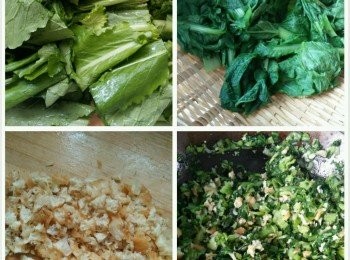 step1: 油菜洗淨切斷焯水，晾乾後切碎，油條切碎，鍋裏熱油，凉凉後放入青菜攪拌，然後放葱鹽雞粉蝦皮攪拌，最後放油條拌勻