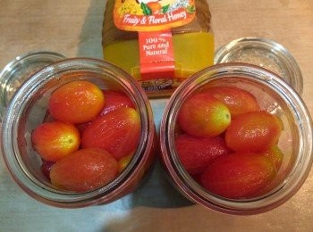 step4: 將番茄放入玻璃容器中，倒入話梅水、些許檸檬汁、撒一些梅粉，放入幾顆話梅(話梅不能放太多顆，會太鹹喔)