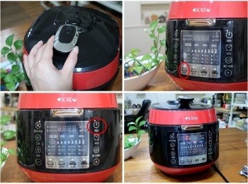 step5: 將旋蓋把手關蓋，
點下煮飯功能健，按下開始，
後續就讓微電腦壓力萬用鍋自動完成烹煮