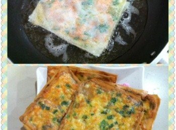 step4: 取出平底鍋，加入適量的油，把包好的材料下鍋油炸，前後煎炸至金黃色即可，取出吸乾油分。