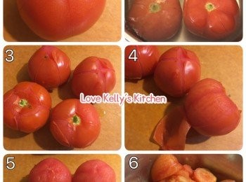 step1: 蕃茄去皮切件(可以參考下面的蕃茄去皮小秘訣) ；