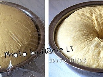 step3: 取出麵糰揉圓，蓋上保鮮膜讓它靜置發酵一個小時
中間按下後不會彈起，而是成為一個凹陷即是發酵完成。