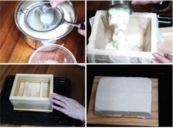 step10: 豆腐模打濕後鋪上紗布，舀入或倒入豆腐腦，
蓋好邊邊紗布和豆腐模蓋，
用手壓緊或擺放上重物壓出多餘豆清水，
約10~15分鐘，香嫩可口木棉豆腐即完成
壓製豆腐的時間依喜好豆腐口感自己決定，
壓的時間短口感嫩，壓越久越緊實，壓更久即成豆干。
這是自己自製豆腐非常有趣的地方，
有機會大家可自己實驗看看喔😊