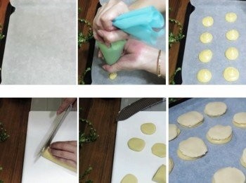 step8: 烤盤鋪上烘焙紙 將泡芙麵糊稍有間隔擠於烤盤上 取出事先準備好<span class="group_2">脆皮材料</span> 切片後依泡芙大小略壓成圓片然後平均覆蓋於泡芙上