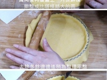 step4: 取出鬆弛好塔皮，攤開後再覆蓋上一片保鮮模，
擀整成比塔模略大的圓，然後鋪於塔模上，
去除多餘邊邊後稍為整理，然後用叉子於底部平均戳上小洞，
再放入冰箱冷藏約10分鐘，讓其定型也讓後續烘烤較不會回縮。