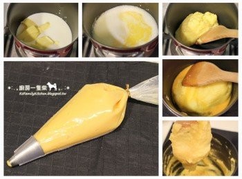 step11: <span class="group_3">泡芙外皮</span>請參考「黑糖菠蘿泡芙」的食譜，完成基本泡芙麵糊：http://cook1cook.com/recipe/8735
完成的麵糊裝入擠花袋中，以1cm口徑的圓形擠花嘴，在鋪有不沾烤布或烘焙紙的烤盤上，間隔均勻地擠出直徑約3.5公分的圓形泡芙麵糊（約可擠出21~22個)。