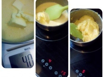 step3: 拌勻後放入牛油，用中小火煮大約15分鐘，邊煮邊抄至到成糰