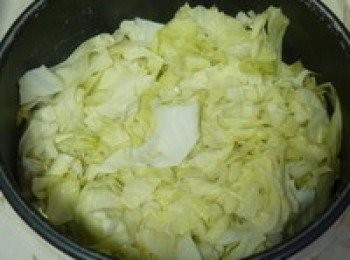 step5: 二杯米加入二杯水的量，將所有翻炒的材料都放進去後，最後才把高麗菜放進鍋內，這樣高麗菜比較不會過軟.