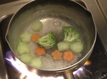 step2: <span class="group_3">溫沙拉</span> 煮鍋熱水，放入適量的油和鹽放入蔬菜煮一分鐘就好起鍋瀝乾，拌入香料鹽