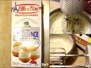 step2: 先將吉利丁泡入熱水中，再稍加熱成液體狀備用
將法國鐵塔牌動物性鮮奶油打至九分發之後，蓋上保鮮膜，放入冰箱冷藏備用