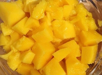 step2: 好！首先芒果切成芒果粒，放入碗中。