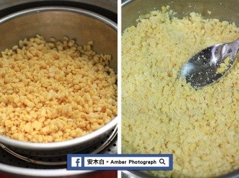 step2: 將綠豆仁放入電鍋中，外鍋放半杯量米杯水量，蒸好後(約10分鐘)取出，趁熱用湯匙壓成泥。