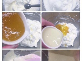 step1: 1.先將忌廉打發至七分
2.加入芒果雪泥拌勻
3.加入錬奶攪勻並試味「如甜度不足可按個人喜愛而增加錬奶」