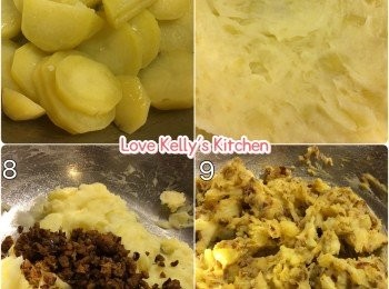 step3: 用回此鑊爆香黃咖喱，將2）回鑊加入椰漿和水一齊炒至咖哩醬混合在肉碎；然後倒入薯蓉內攪均，用力D攪至杰身；