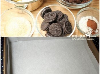 step1: 烤盤鋪上摺好的烘焙紙，所有材料秤好，巧克力剝或切成小塊，中筋麵粉+可可粉＋鹽混合過篩備用。