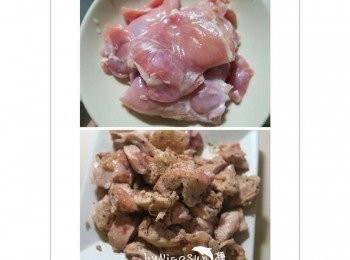 step2: 雞腿去皮放入鍋中乾煎.起鍋切成小塊備用