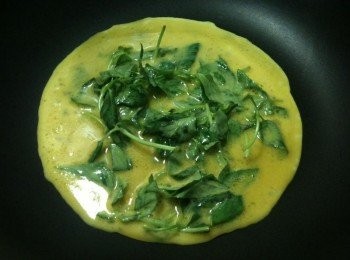 step6: 取出平底鍋，倒入少許苦茶油（或其他耐高溫的油品也可以），開中火，將步驟5倒入，讓平底鍋跳個扭扭舞，使蛋液平均躺在平底鍋裡（以免受熱不均），蓋上鍋蓋，以中火慢煎。