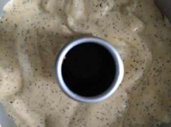 step8: 麵糊從高空倒入模具，減少氣泡。用刮刀整平表面麵糊。放入預熱好的烤箱170度中層35分鐘左右。